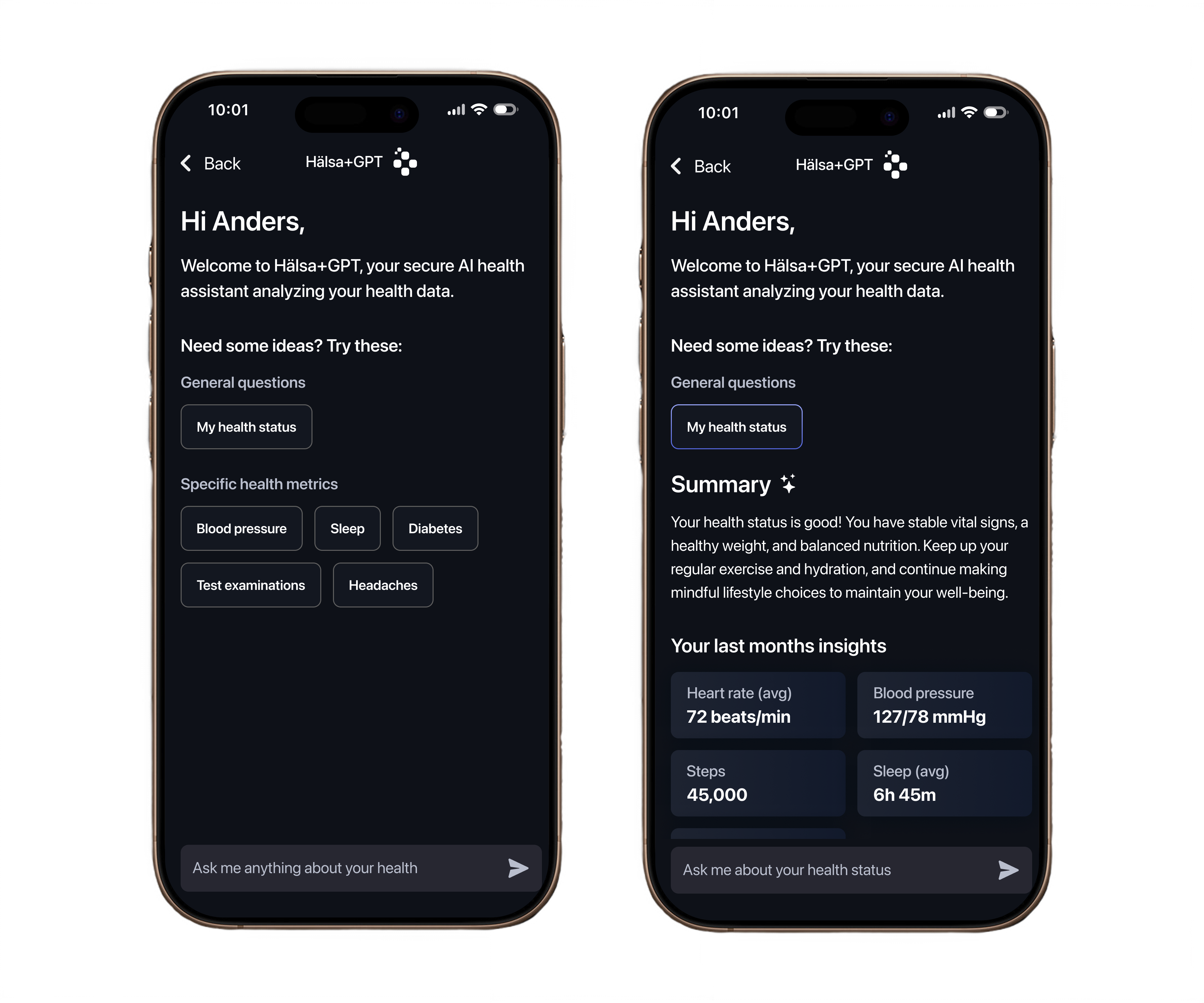AI chat interface showing answer, context, and next-step structure.